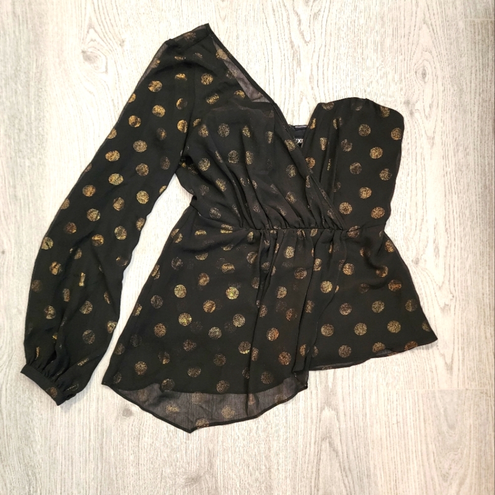 NWOT Express black and gold sheer one shoulder dress top with gold zipper, 6